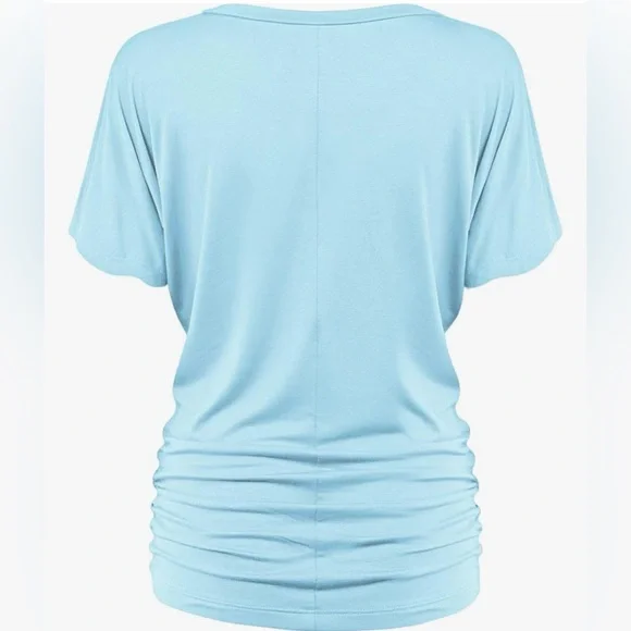 Women's Solid Short Sleeve Boat Neck V Neck Dolman Top with Side Shirring - Picture 3 of 5